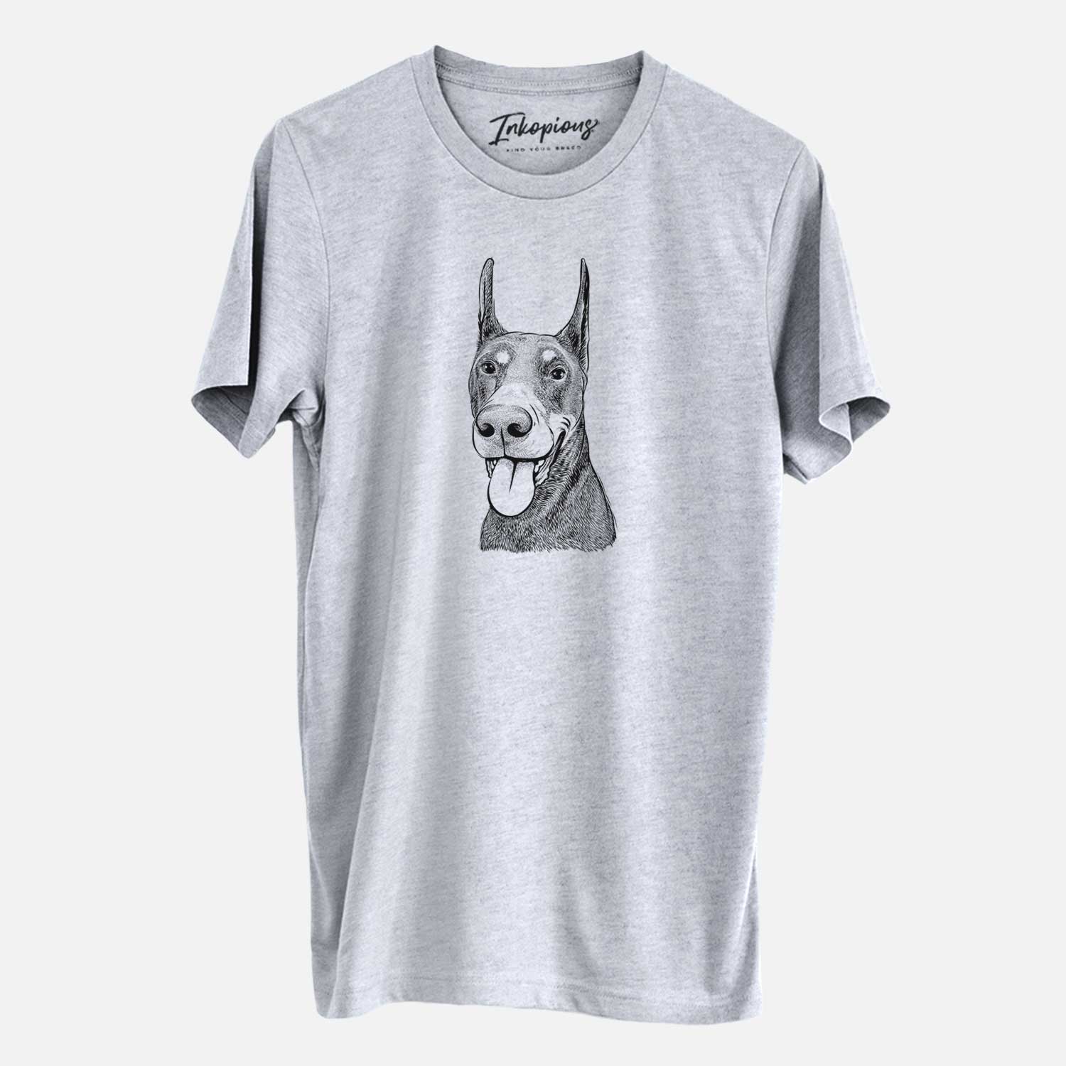 Hand-drawn sketch of Happy Sunny the Doberman Pinscher on a Grey Unisex crewneck