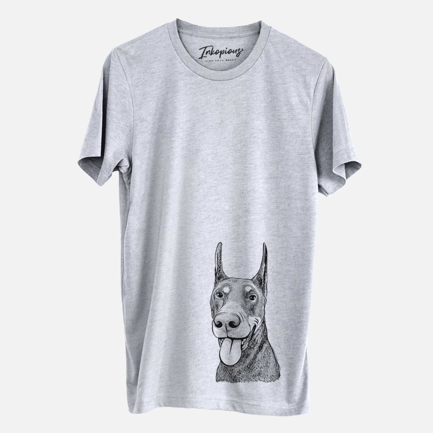 Hand-drawn sketch of Happy Sunny the Doberman Pinscher on a Grey Unisex crewneck