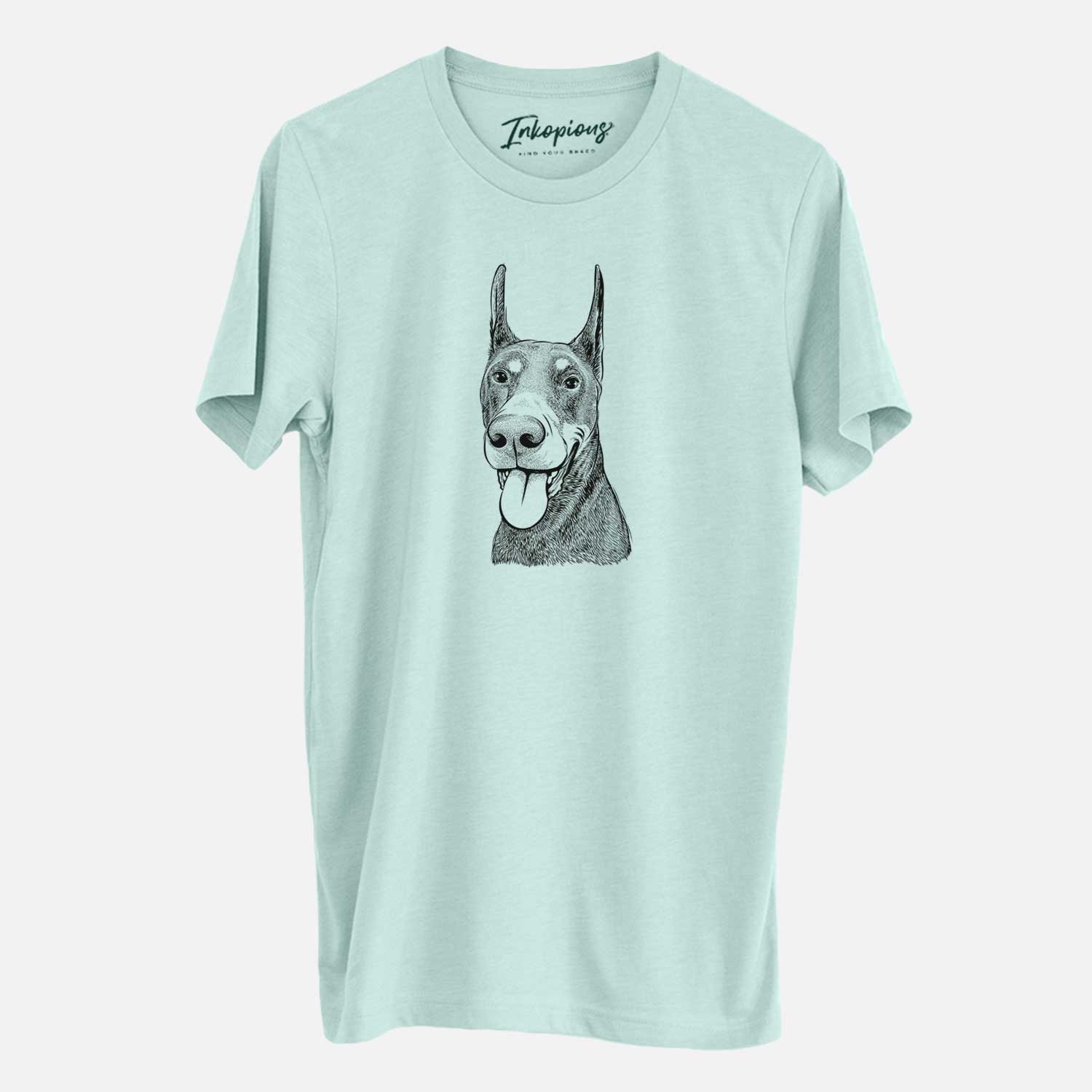 Hand-drawn sketch of Happy Sunny the Doberman Pinscher on a Heather Sage Unisex crewneck