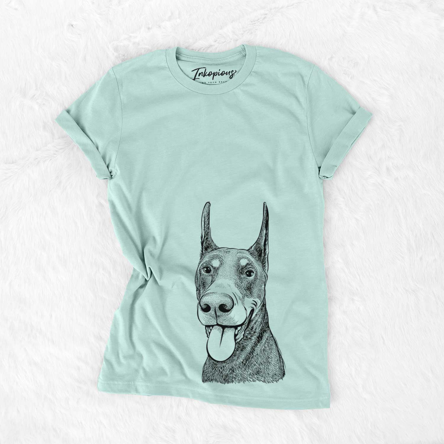 Hand-drawn sketch of Happy Sunny the Doberman Pinscher on a Heather Sage Bella Canvas Unisex Crewneck