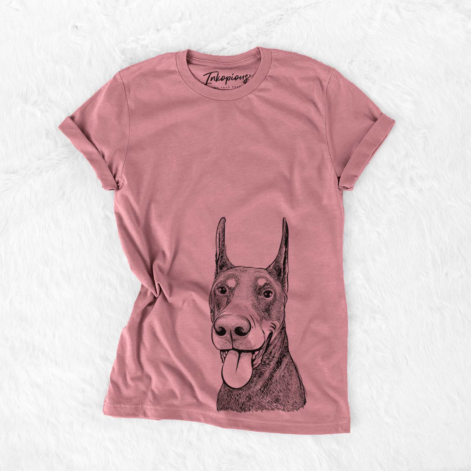Hand-drawn sketch of Happy Sunny the Doberman Pinscher on a Mauve Unisex crewneck