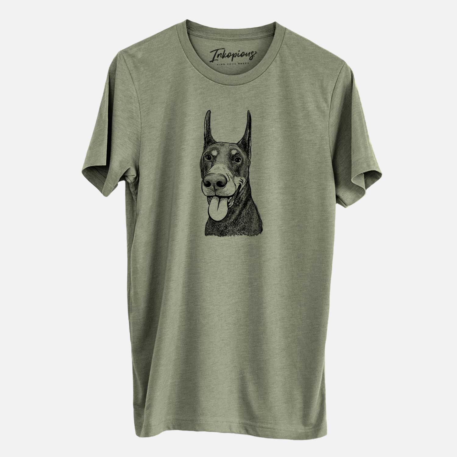 Hand-drawn sketch of Happy Sunny the Doberman Pinscher on an Olive Unisex crewneck