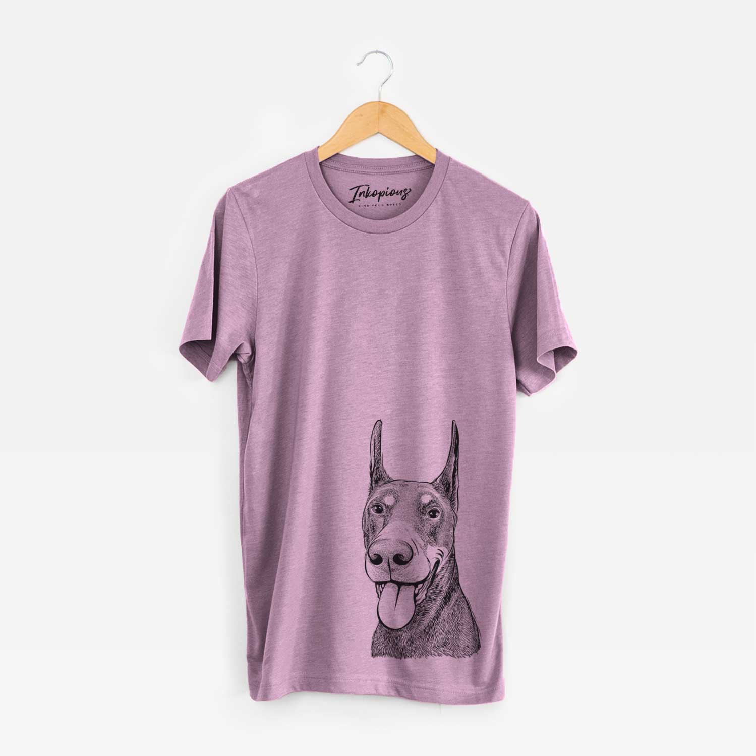 Hand-drawn sketch of Happy Sunny the Doberman Pinscher on an Orchid Bella Canvas Unisex Crewneck
