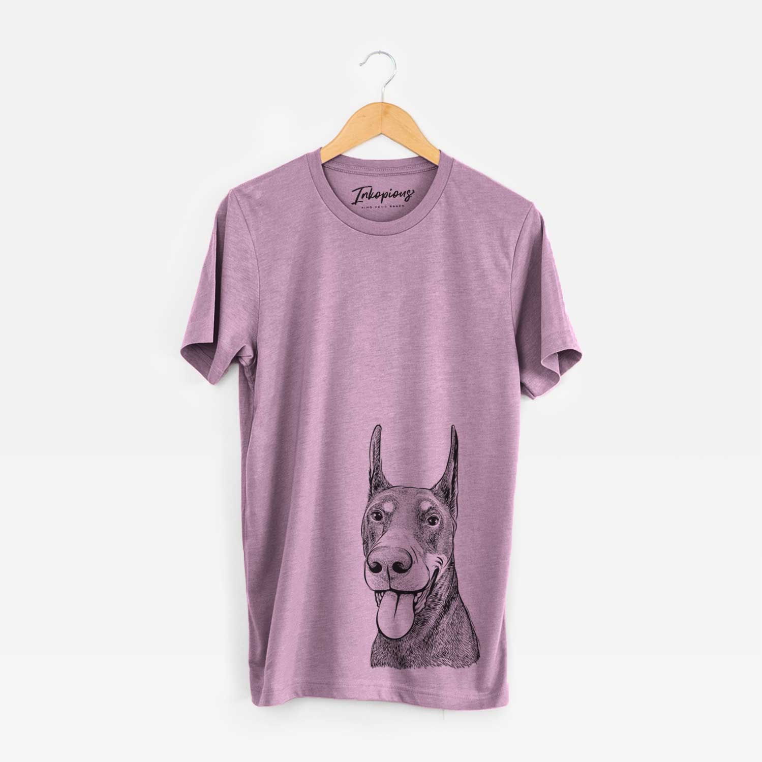 Hand-drawn sketch of Happy Sunny the Doberman Pinscher on an Orchid Unisex crewneck