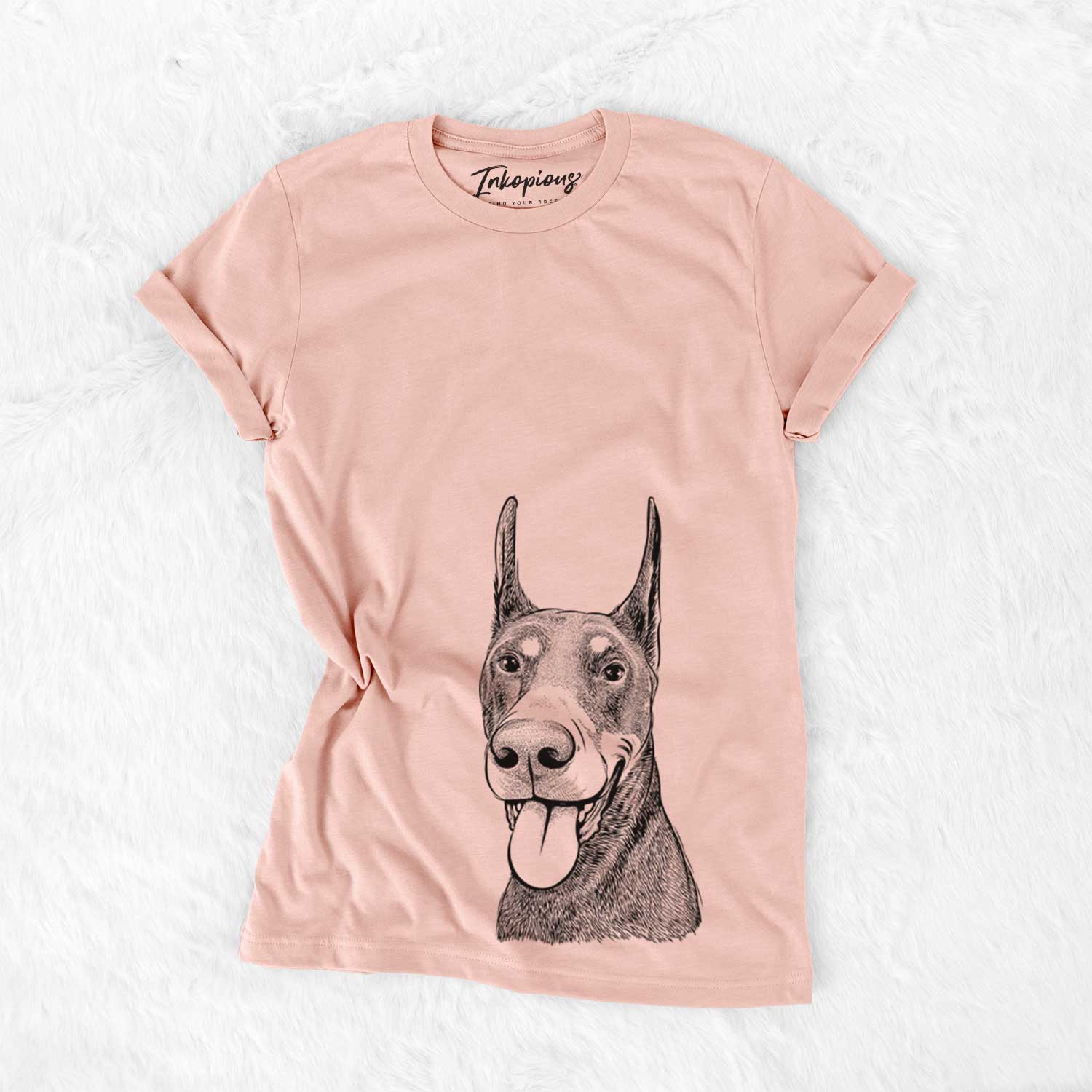 Hand-drawn sketch of Happy Sunny the Doberman Pinscher on a Peach Bella Canvas Unisex Crewneck