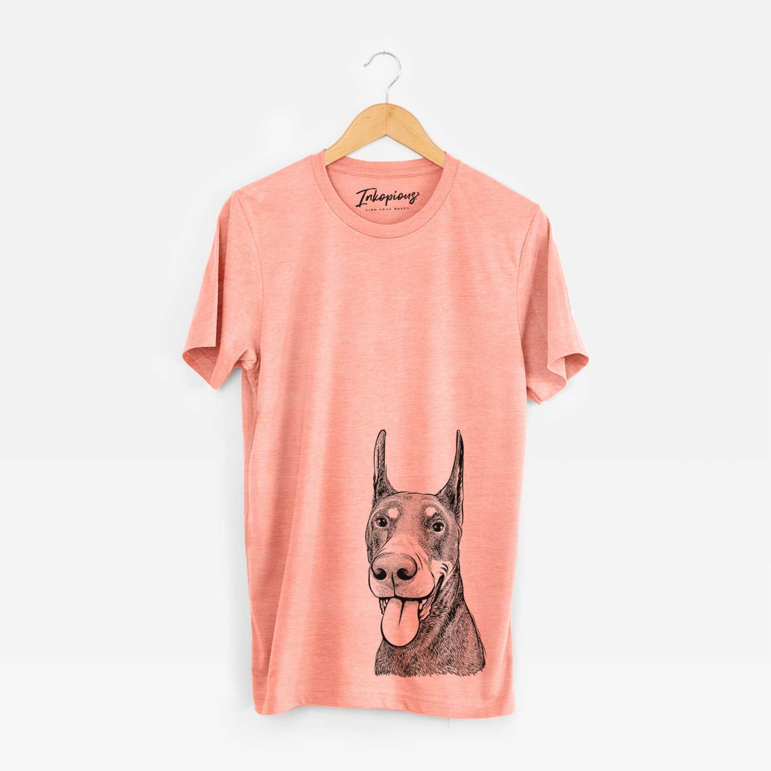 Hand-drawn sketch of Happy Sunny the Doberman Pinscher on a Sunset Unisex crewneck