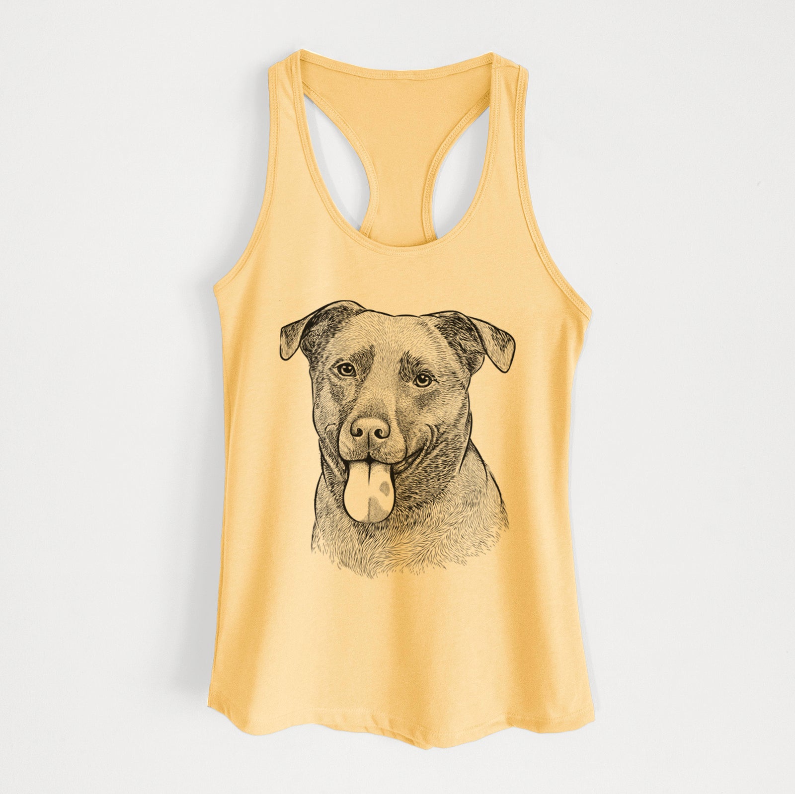 Hand-drawn sketch of Harbor the Mixed Breed on a Banana Cream Women's racerback tanktop