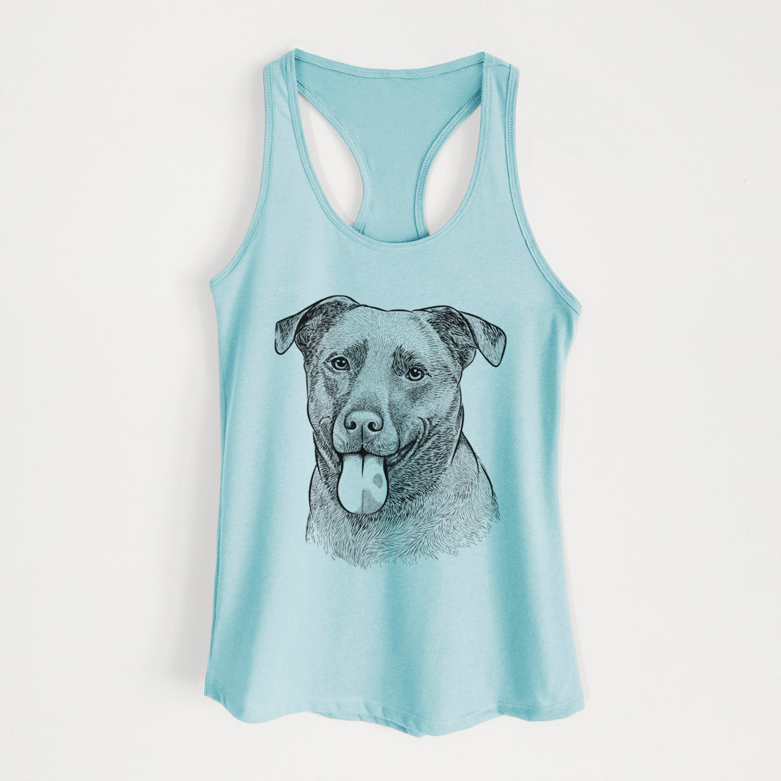 Hand-drawn sketch of Harbor the Mixed Breed on a Cancun Blue Women's racerback tanktop