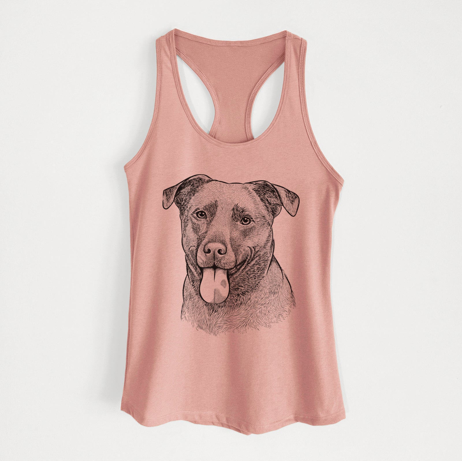Hand-drawn sketch of Harbor the Mixed Breed on a Desert Pink Women's racerback tanktop