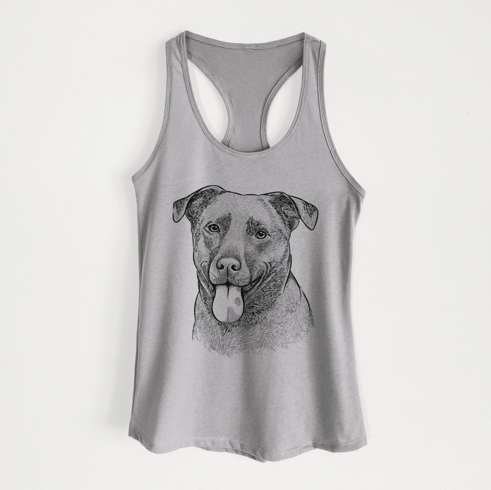 Hand-drawn sketch of Harbor the Mixed Breed on a Heather Grey Women's racerback tanktop
