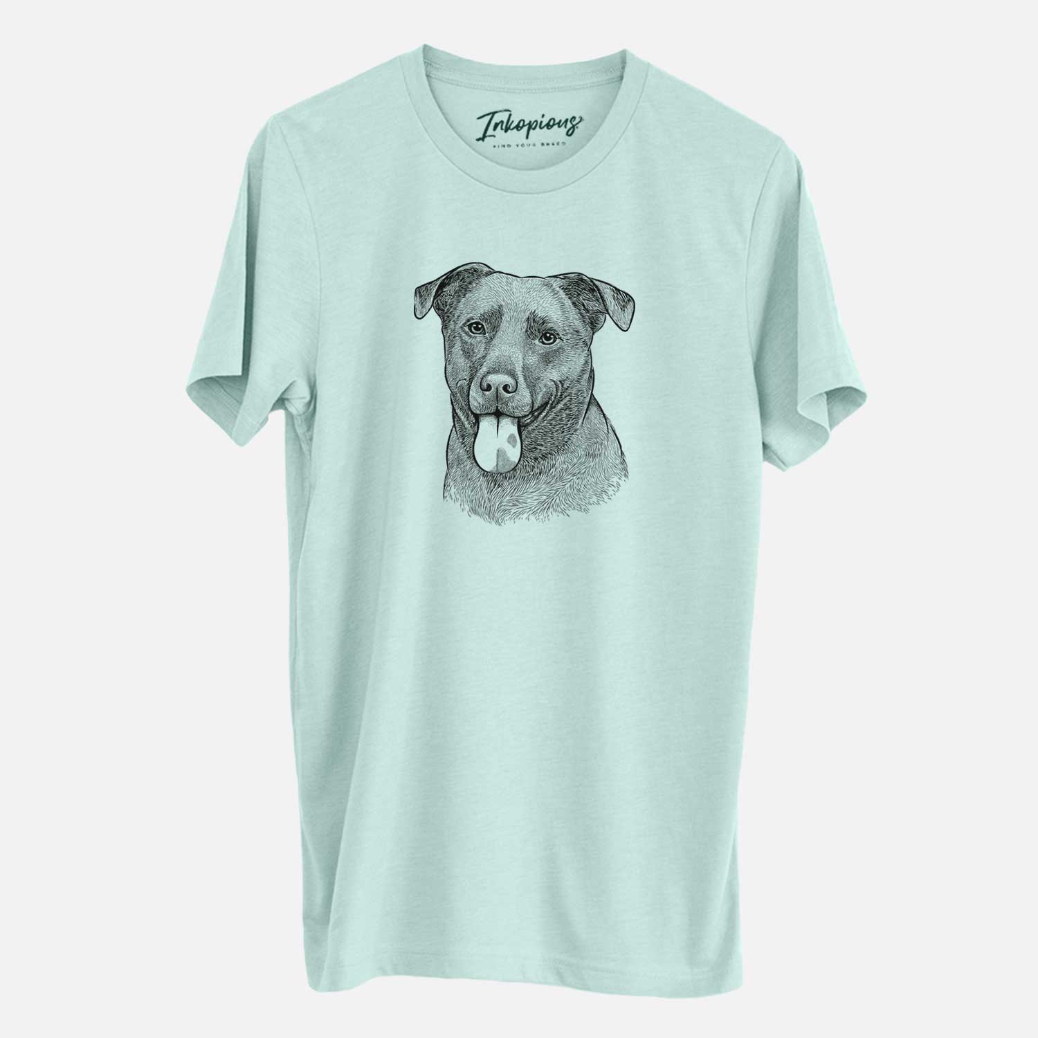 Hand-drawn sketch of Harbor the Mixed Breed on a Heather Sage Unisex crewneck