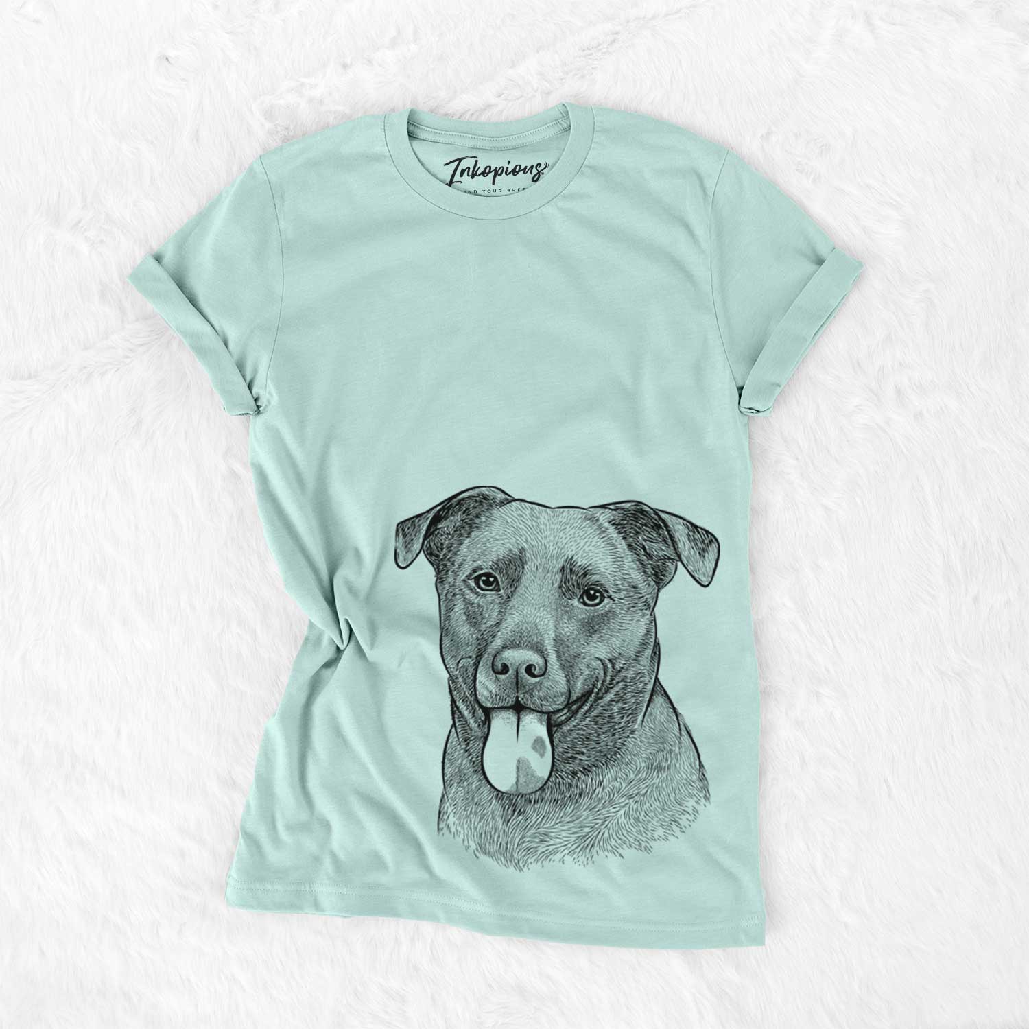 Hand-drawn sketch of Harbor the Mixed Breed on a Heather Sage Bella Canvas Unisex Crewneck