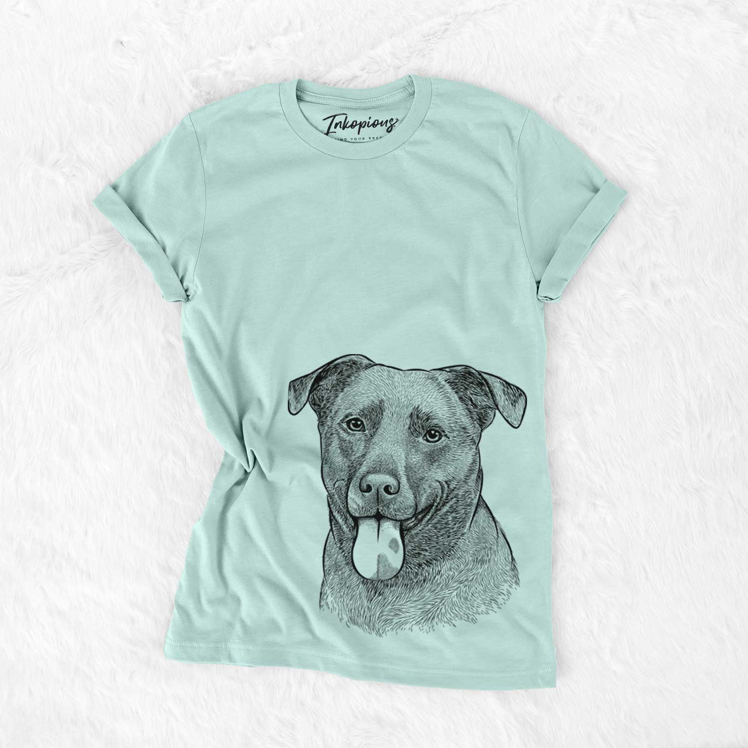 Hand-drawn sketch of Harbor the Mixed Breed on a Heather Sage Unisex crewneck