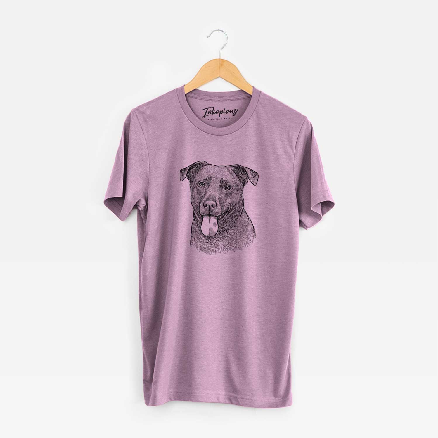 Hand-drawn sketch of Harbor the Mixed Breed on an Orchid Unisex crewneck