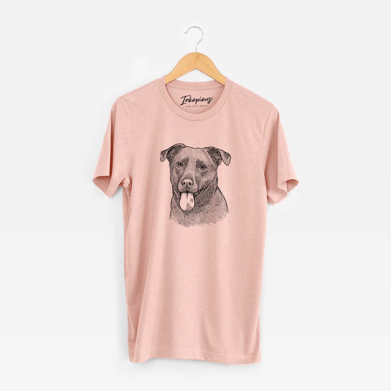 Hand-drawn sketch of Harbor the Mixed Breed on a Peach Unisex crewneck