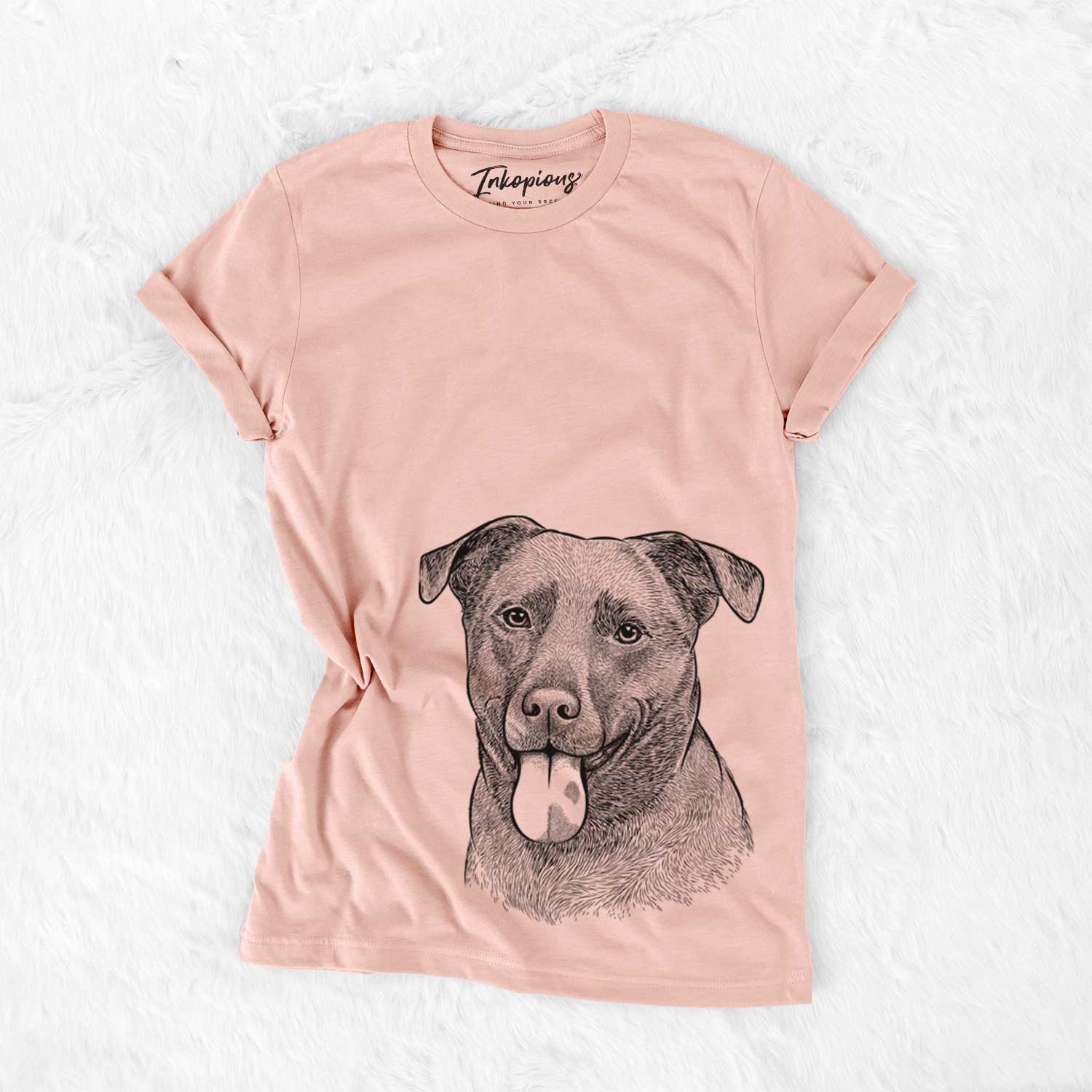 Hand-drawn sketch of Harbor the Mixed Breed on a Peach Bella Canvas Unisex Crewneck