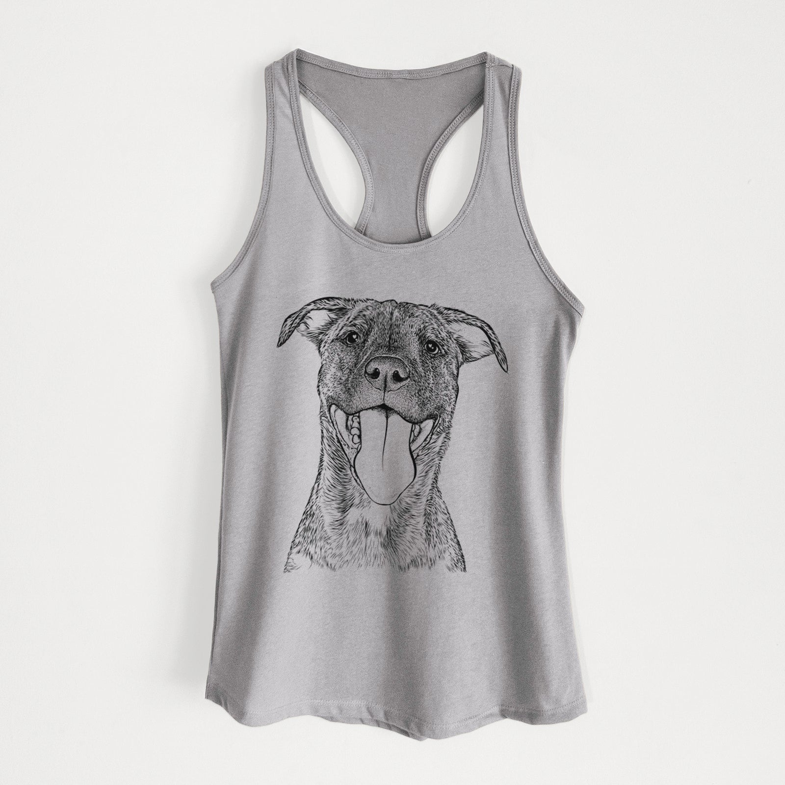 Hand-drawn sketch of Harley the Pitbull Mix on a Heather Grey Women's racerback tanktop