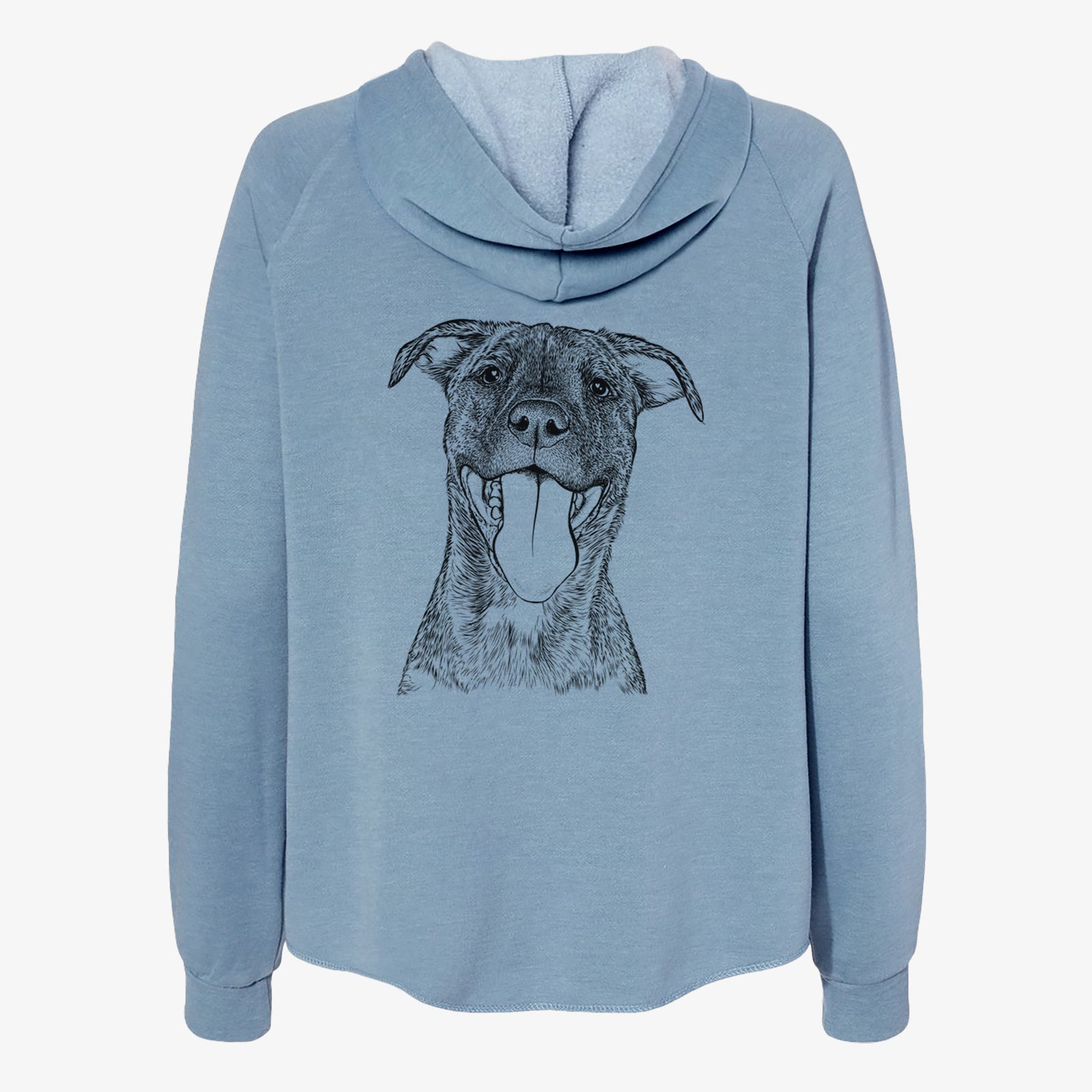Hand-drawn sketch of Harley the Pitbull Mix on a Misty Blue Women's cali wave zip-up sweatshirt