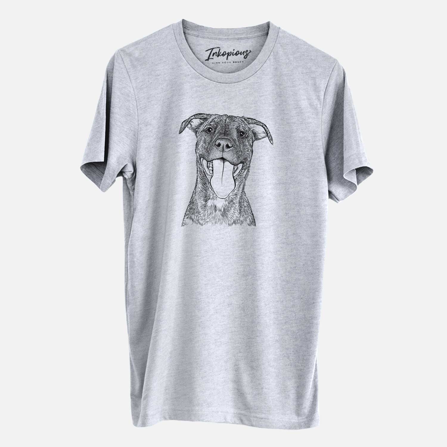 Hand-drawn sketch of Harley the Pitbull Mix on a Grey Unisex crewneck