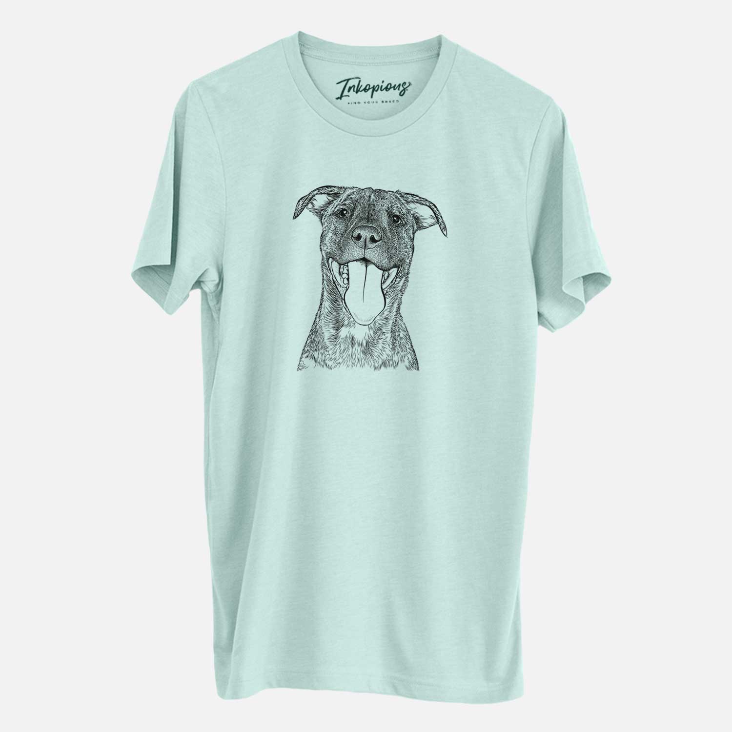 Hand-drawn sketch of Harley the Pitbull Mix on a Heather Sage Unisex crewneck