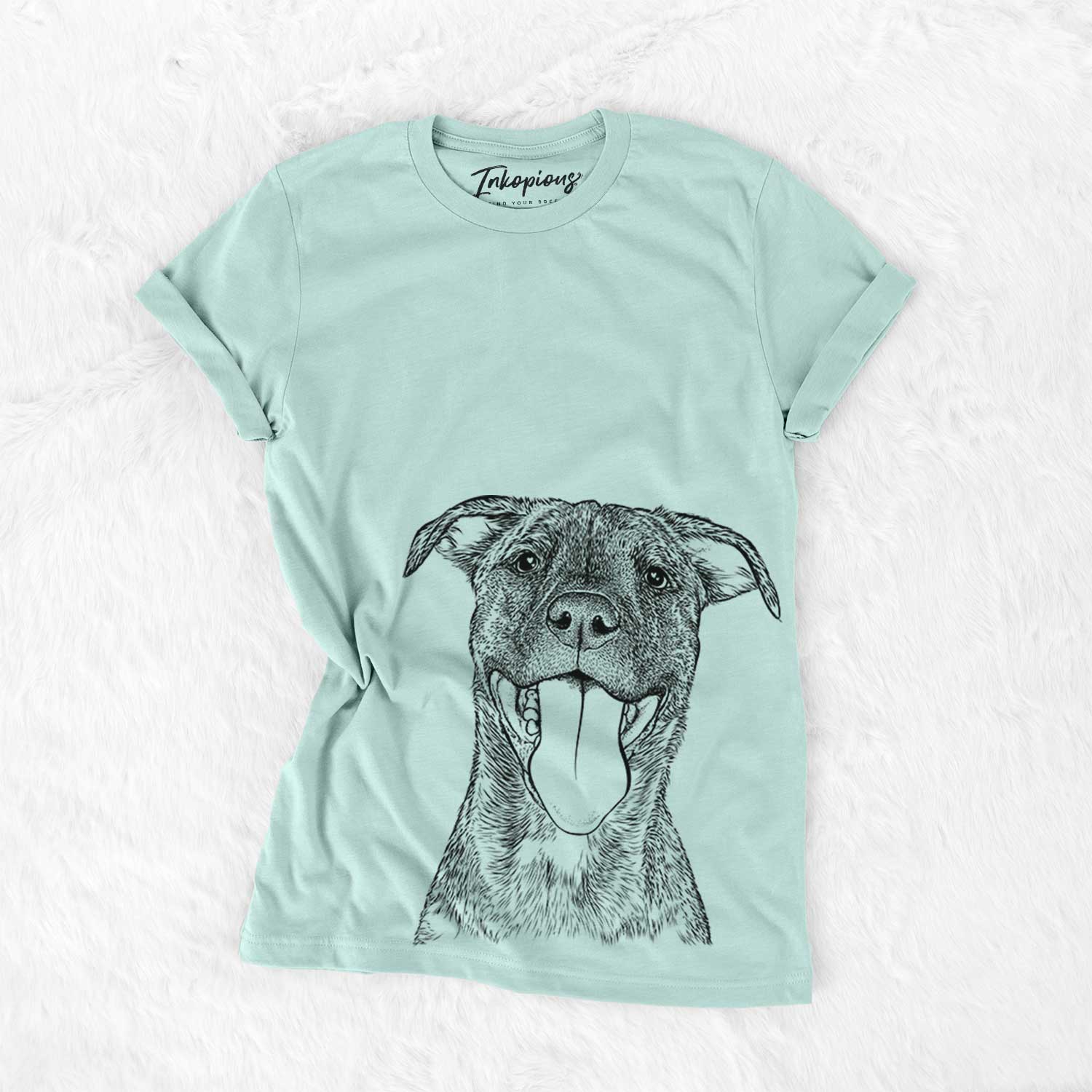 Hand-drawn sketch of Harley the Pitbull Mix on a Heather Sage Bella Canvas Unisex Crewneck