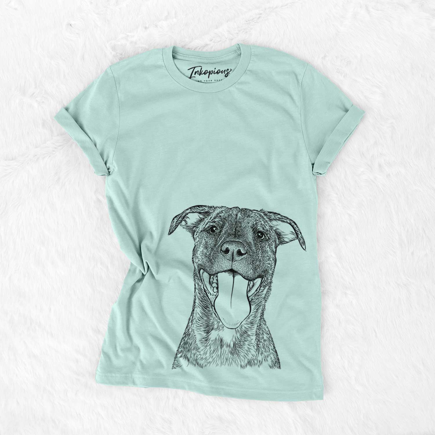 Hand-drawn sketch of Harley the Pitbull Mix on a Heather Sage Unisex crewneck