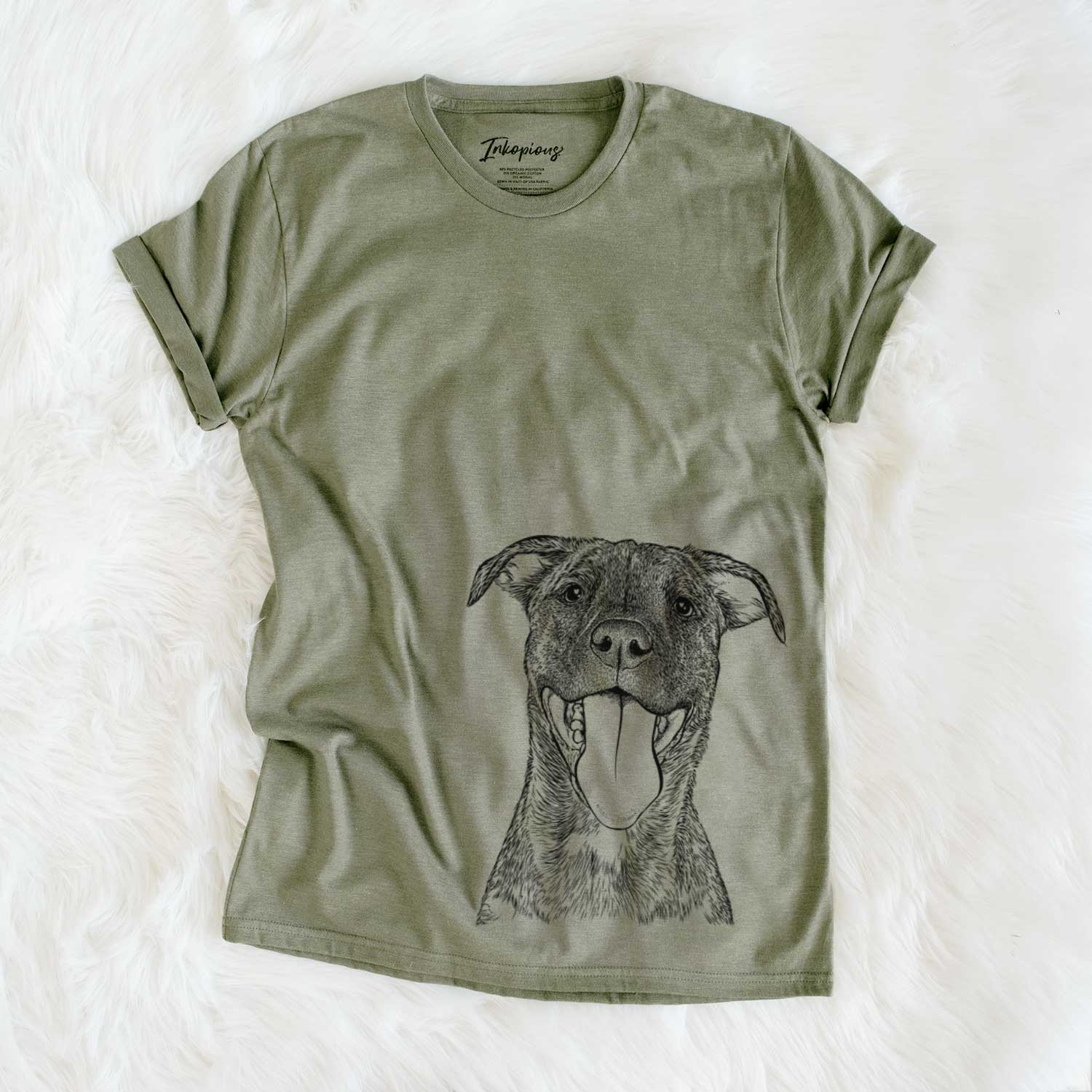 Hand-drawn sketch of Harley the Pitbull Mix on an Olive Unisex crewneck