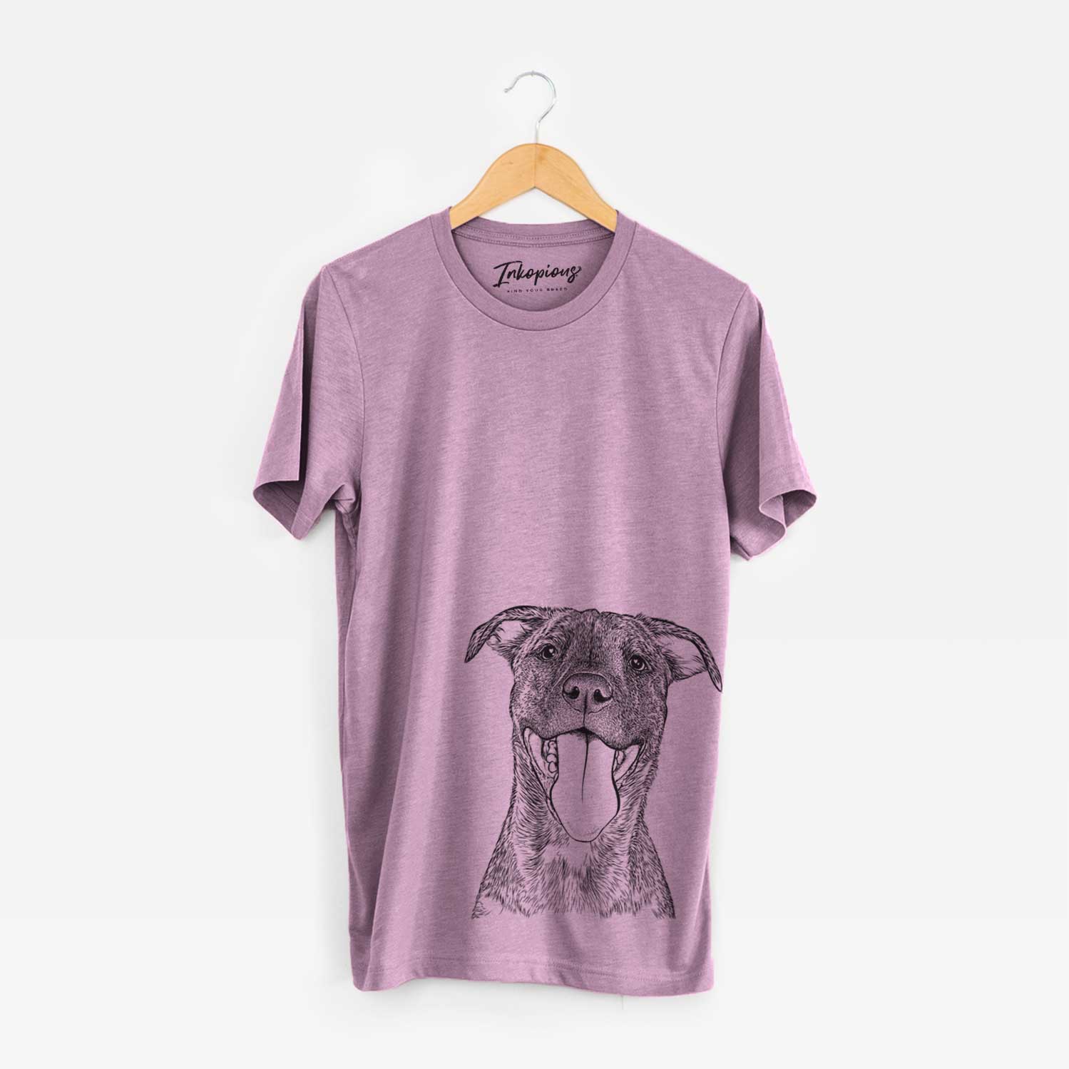 Hand-drawn sketch of Harley the Pitbull Mix on an Orchid Unisex crewneck