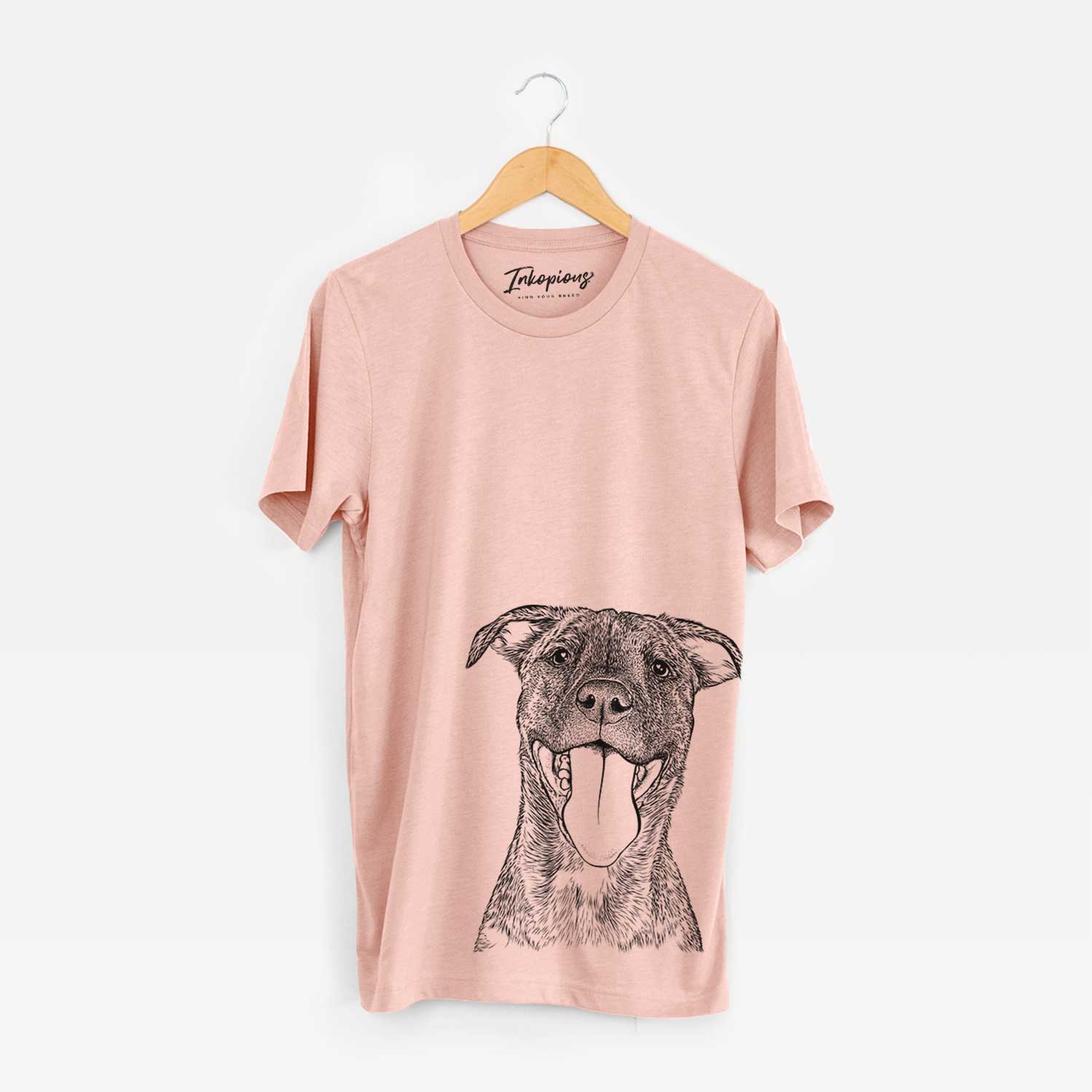 Hand-drawn sketch of Harley the Pitbull Mix on a Peach Bella Canvas Unisex Crewneck