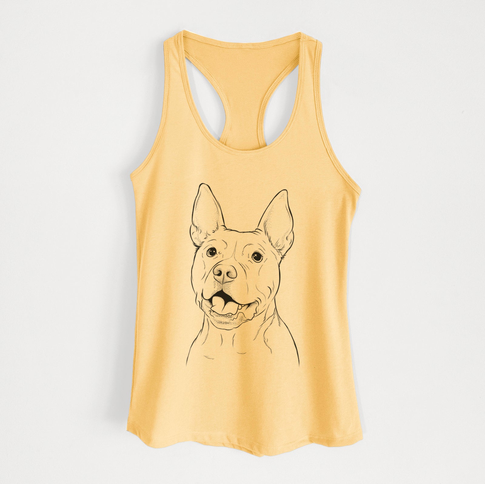 Hand-drawn sketch of Harley the Pitbull on a Banana Cream Women's racerback tanktop