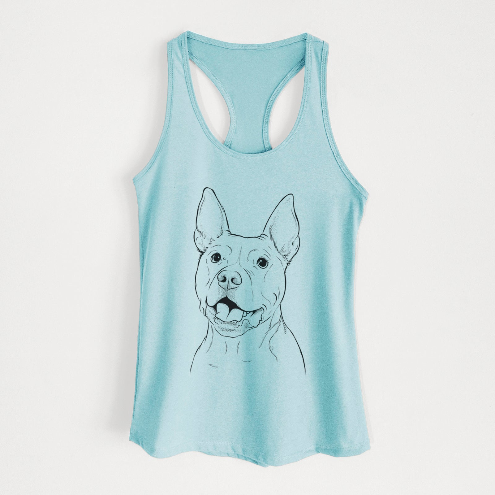 Hand-drawn sketch of Harley the Pitbull on a Cancun Blue Women's racerback tanktop