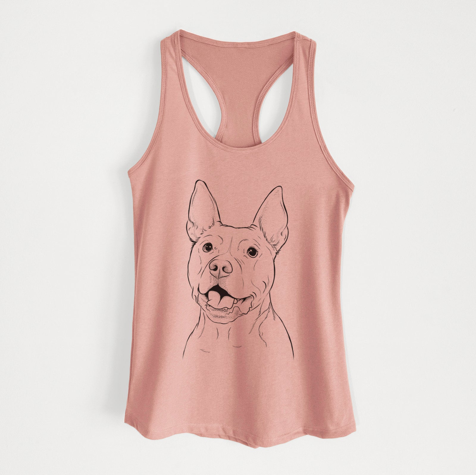 Hand-drawn sketch of Harley the Pitbull on a Desert Pink Women's racerback tanktop