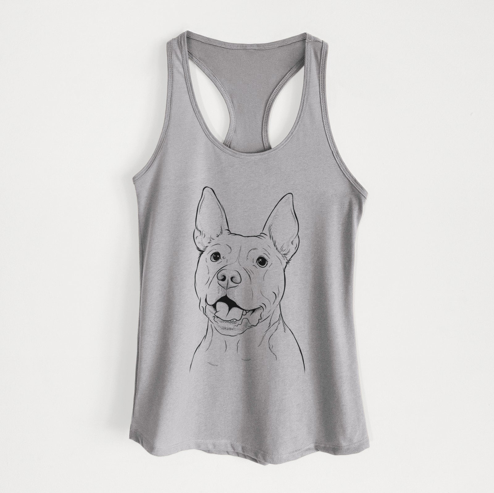 Hand-drawn sketch of Harley the Pitbull on a Heather Grey Women's racerback tanktop