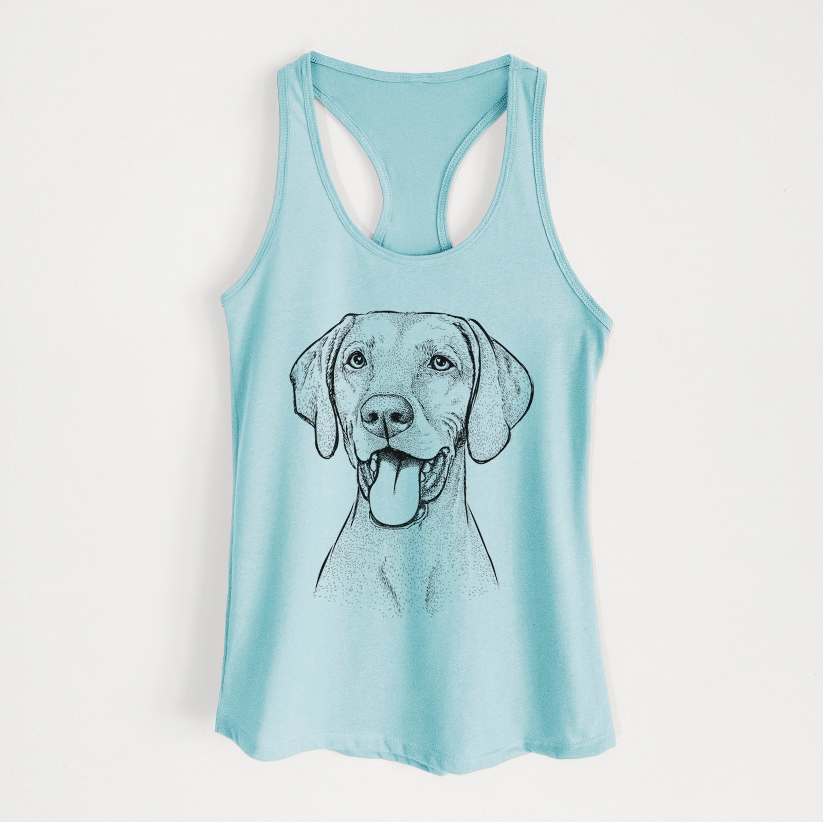 Hand-drawn sketch of Harper the Vizsla on a Cancun Blue Women's racerback tanktop
