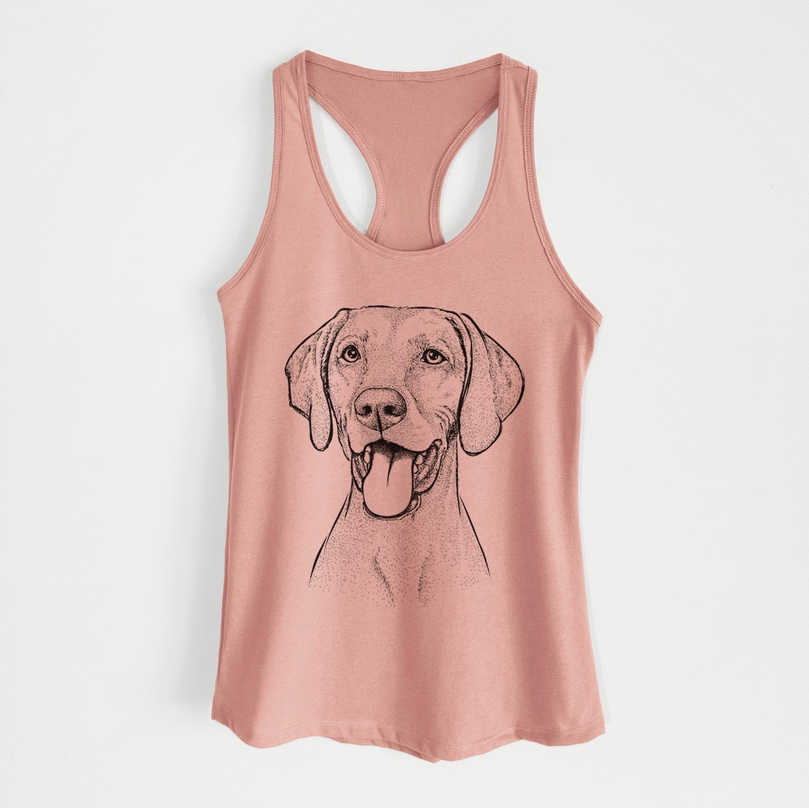 Hand-drawn sketch of Harper the Vizsla on a Desert Pink Women's racerback tanktop