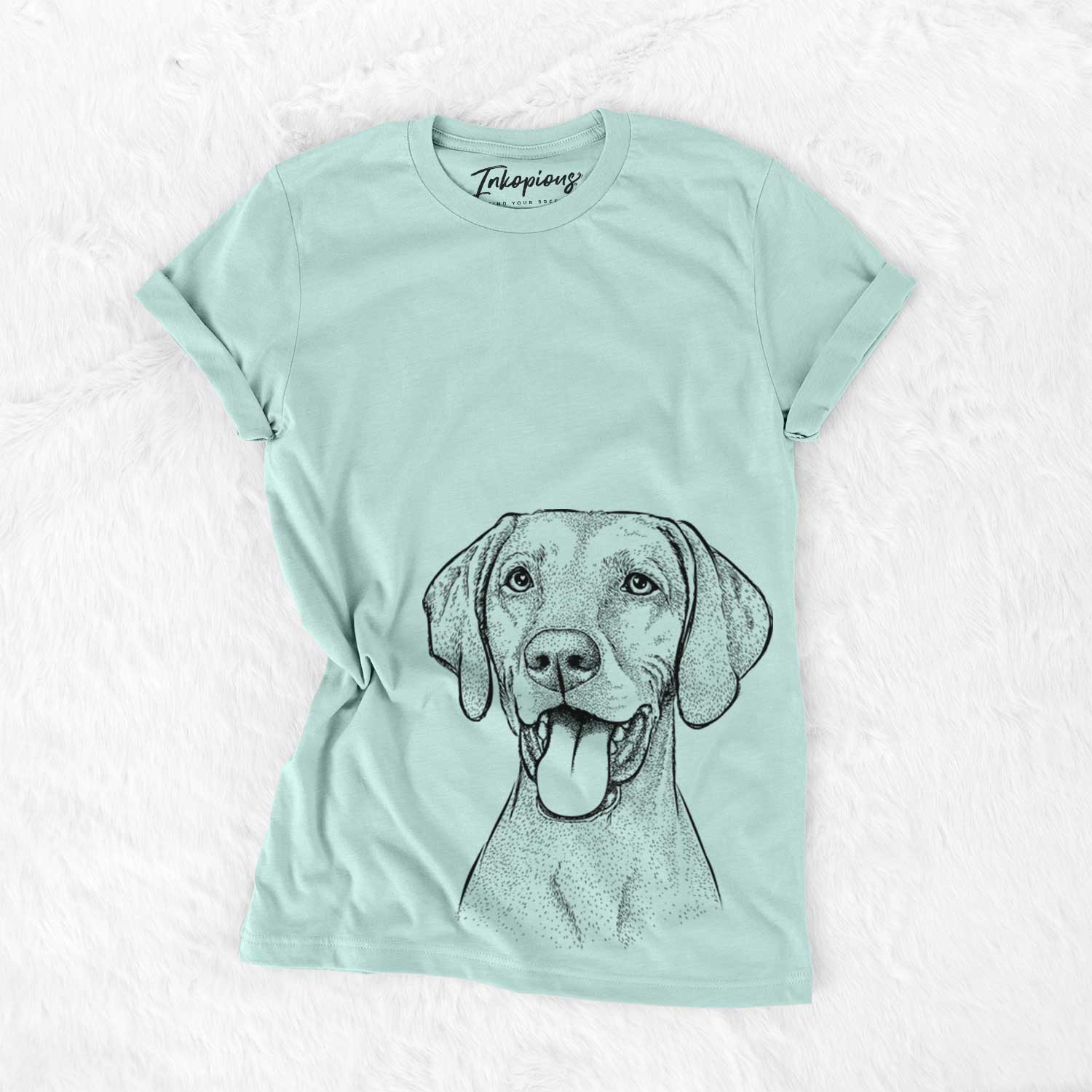 Hand-drawn sketch of Harper the Vizsla on a Heather Sage Unisex crewneck