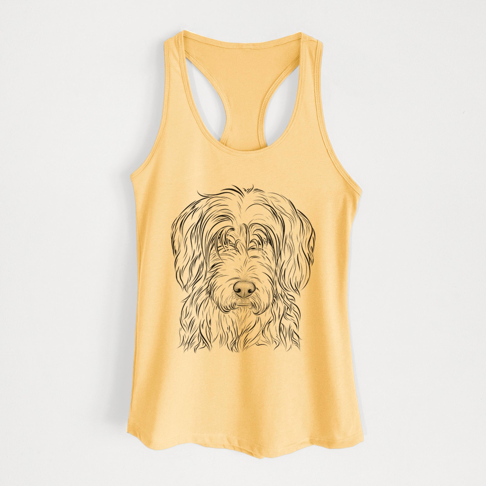 Hand-drawn sketch of Harry the Mixed Breed on a Banana Cream Women's racerback tanktop
