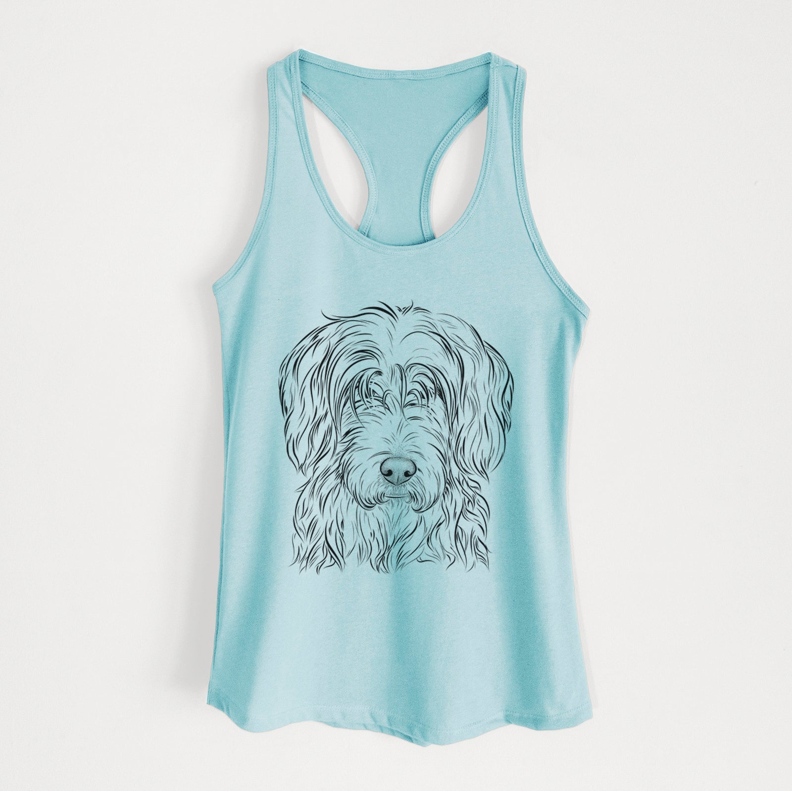 Hand-drawn sketch of Harry the Mixed Breed on a Cancun Blue Women's racerback tanktop