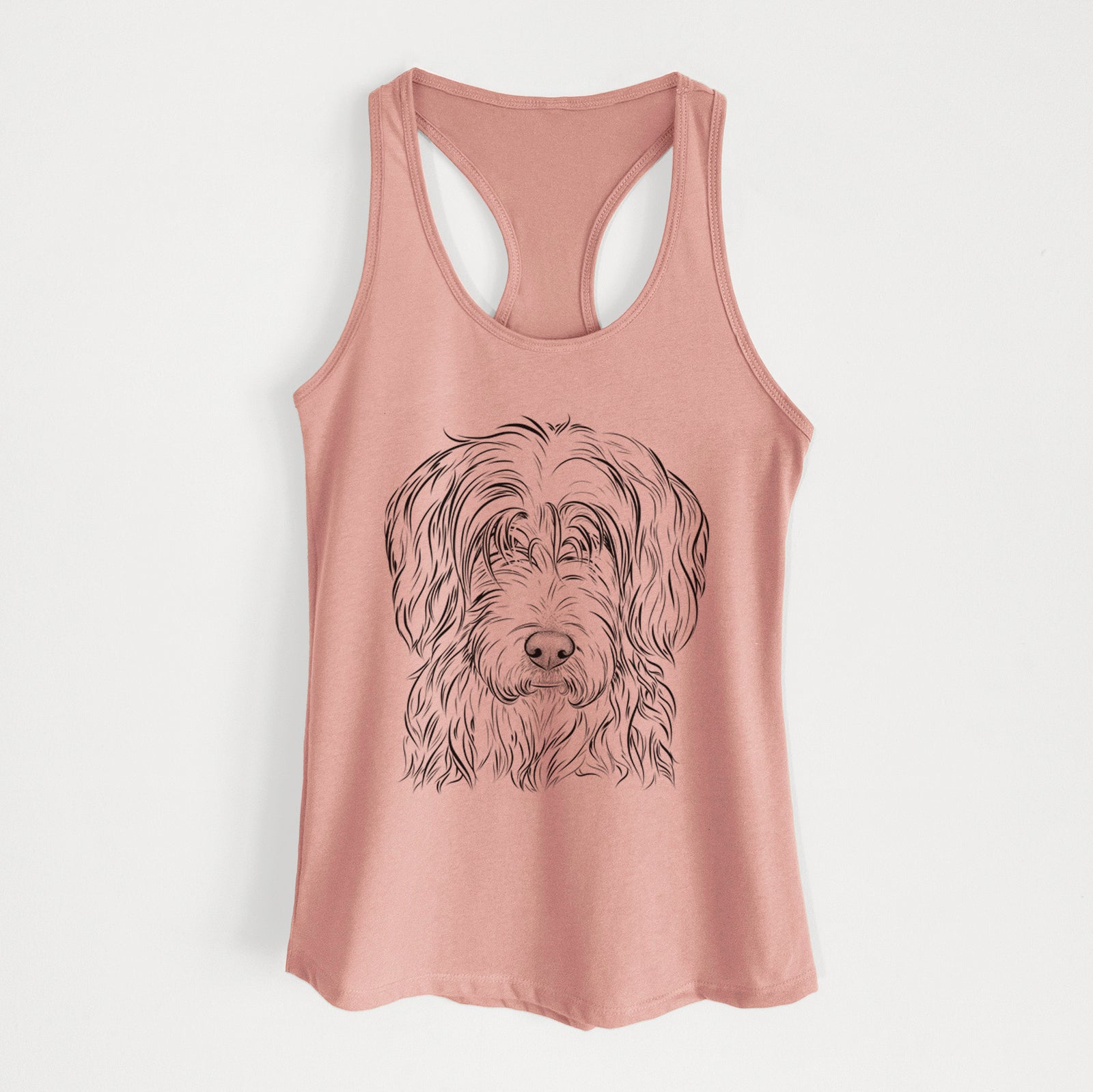 Hand-drawn sketch of Harry the Mixed Breed on a Desert Pink Women's racerback tanktop