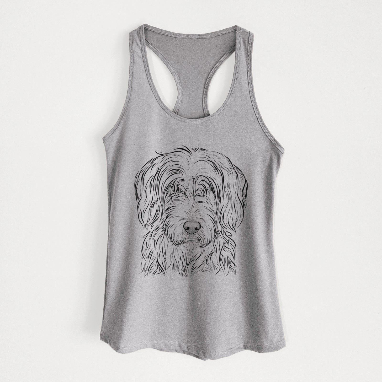 Hand-drawn sketch of Harry the Mixed Breed on a Heather Grey Women's racerback tanktop
