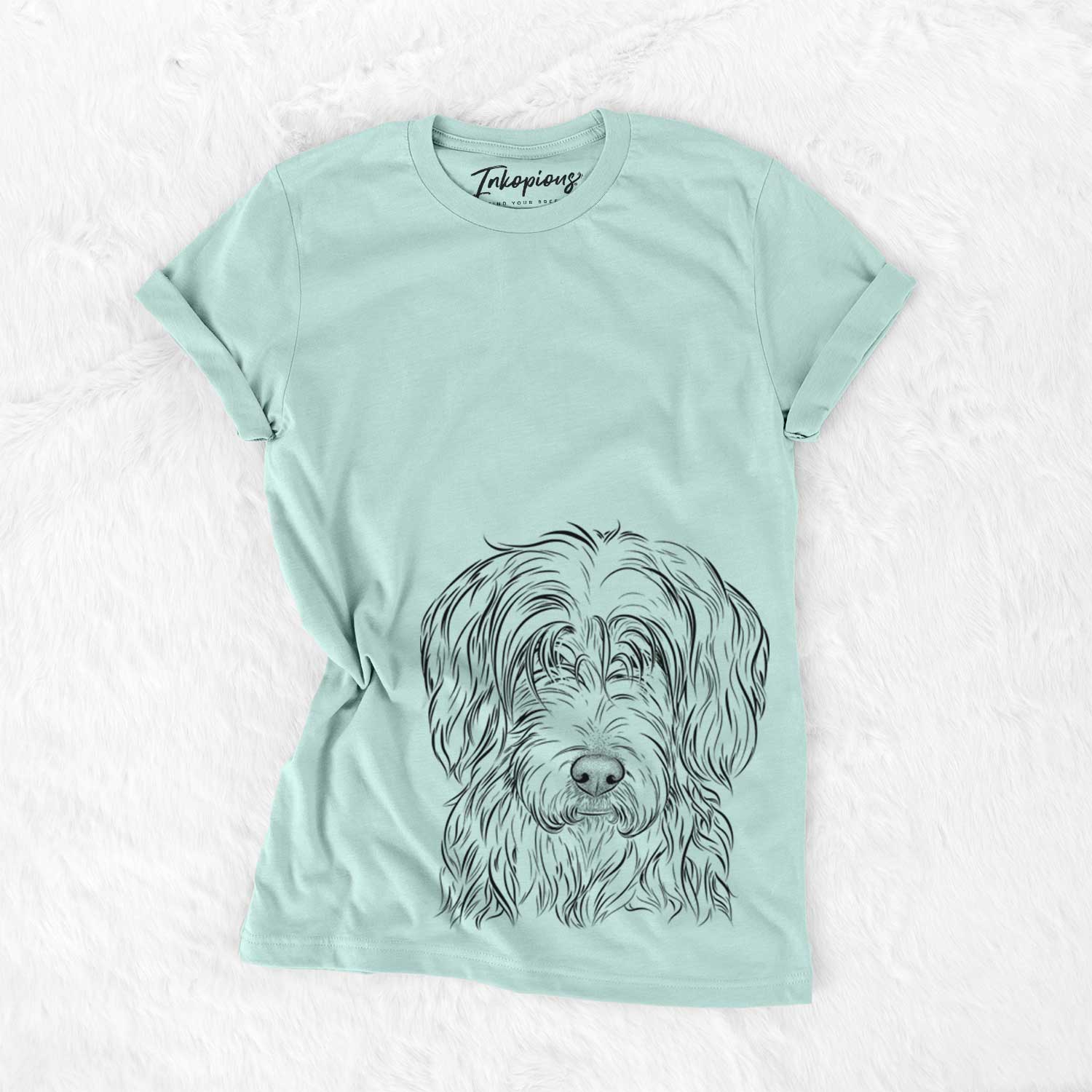 Hand-drawn sketch of Harry the Mixed Breed on a Heather Sage Unisex crewneck