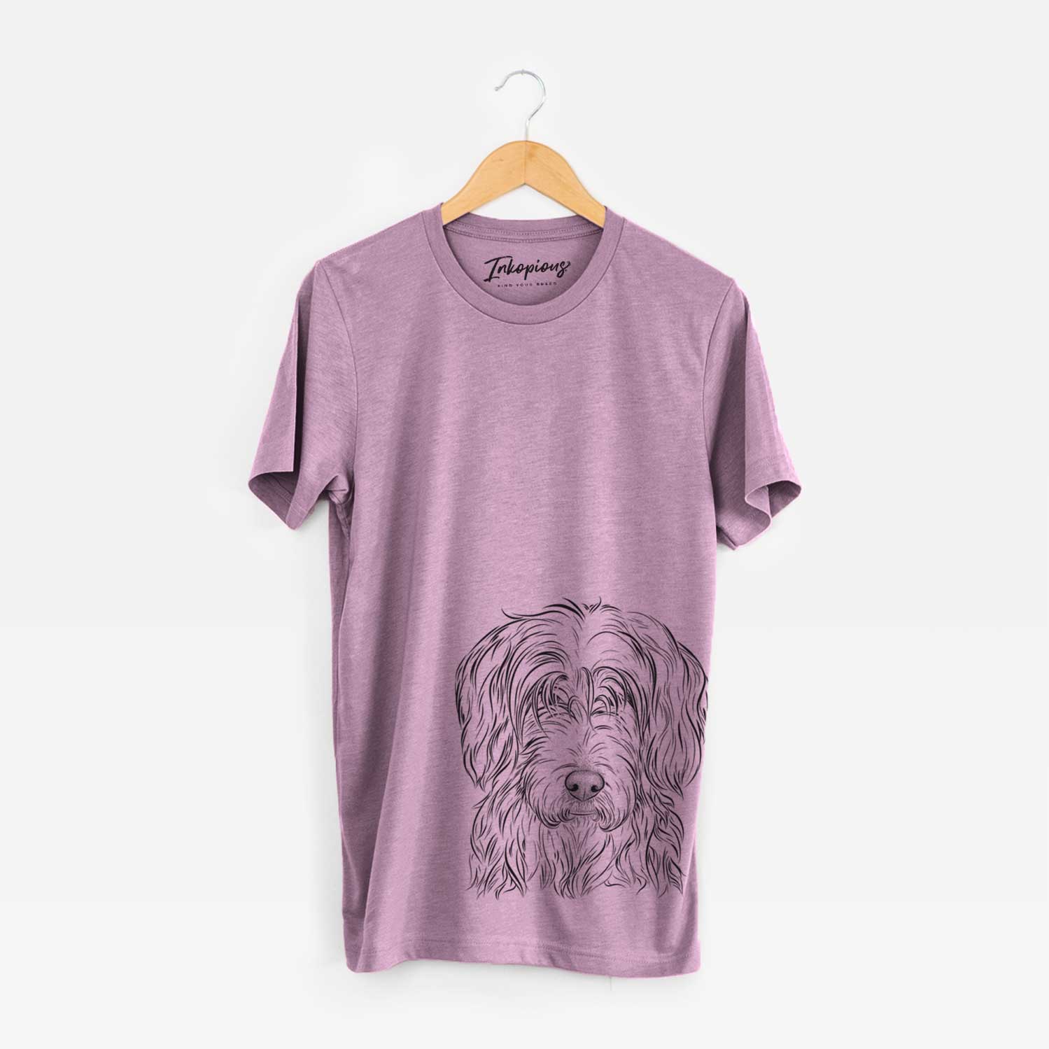 Hand-drawn sketch of Harry the Mixed Breed on an Orchid Unisex crewneck