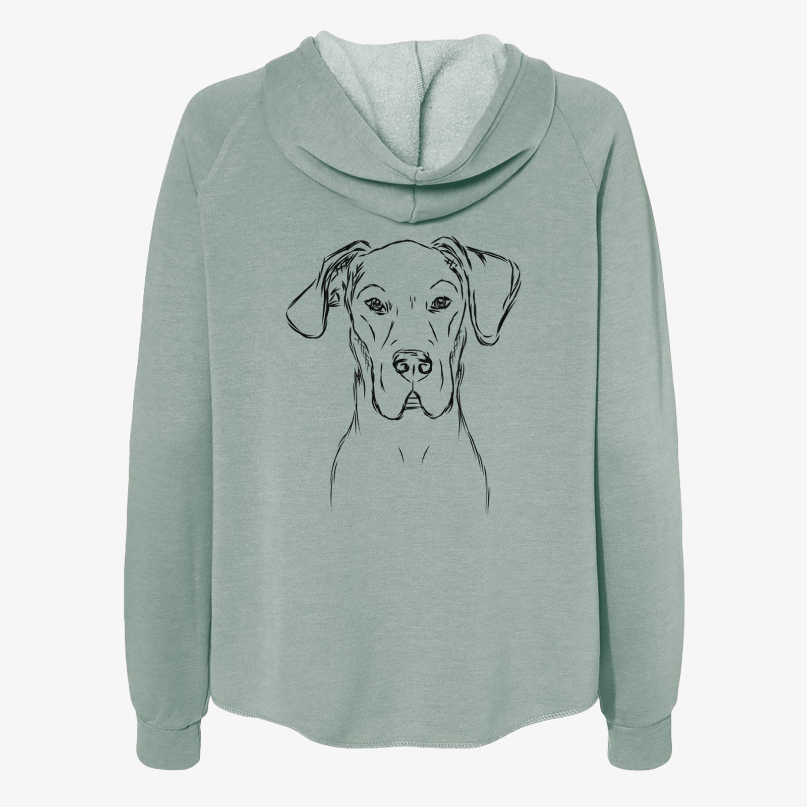Hand-drawn sketch of Harvey the Great Dane on a Sage Women's cali wave zip-up sweatshirt