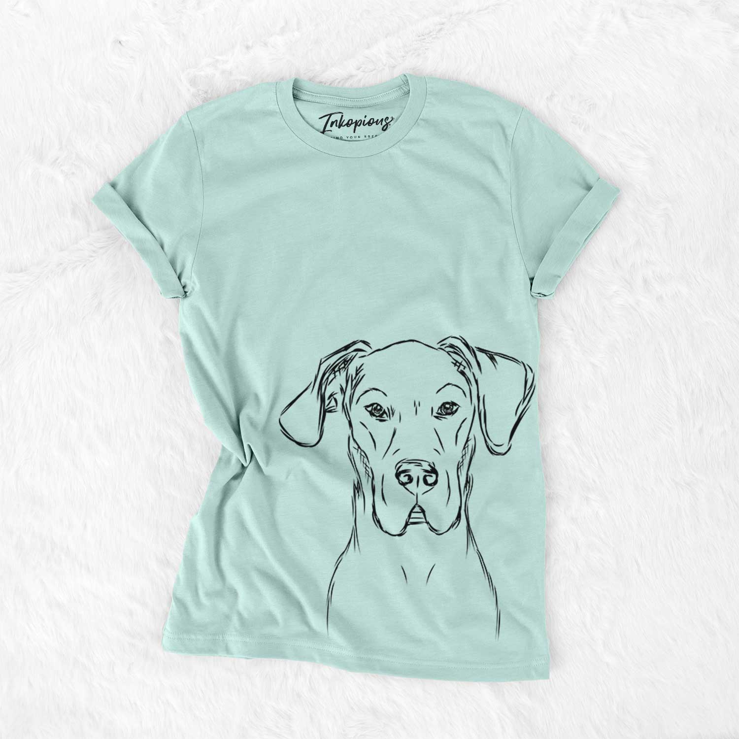 Hand-drawn sketch of Harvey the Great Dane on a Heather Sage Bella Canvas Unisex Crewneck