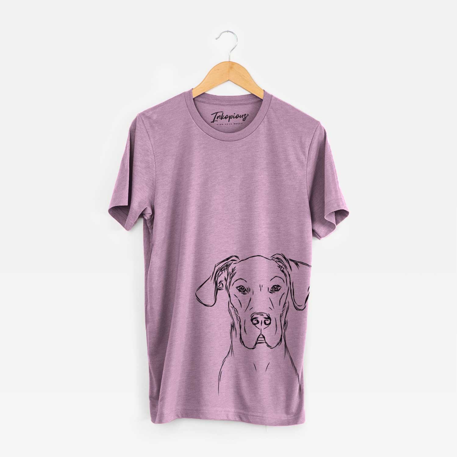 Hand-drawn sketch of Harvey the Great Dane on an Orchid Bella Canvas Unisex Crewneck