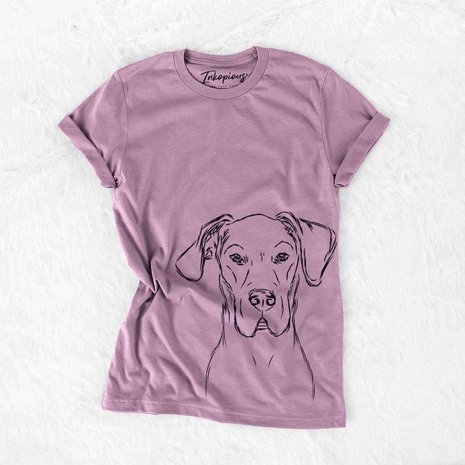 Hand-drawn sketch of Harvey the Great Dane on an Orchid Bella Canvas Unisex Crewneck