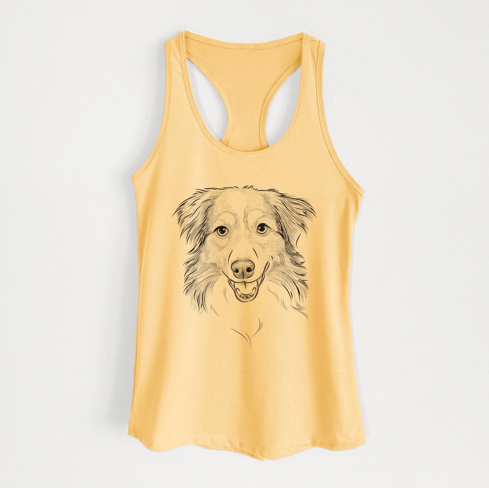Hand-drawn sketch of Hattie the Australian Shepherd on a Banana Cream Women's racerback tanktop