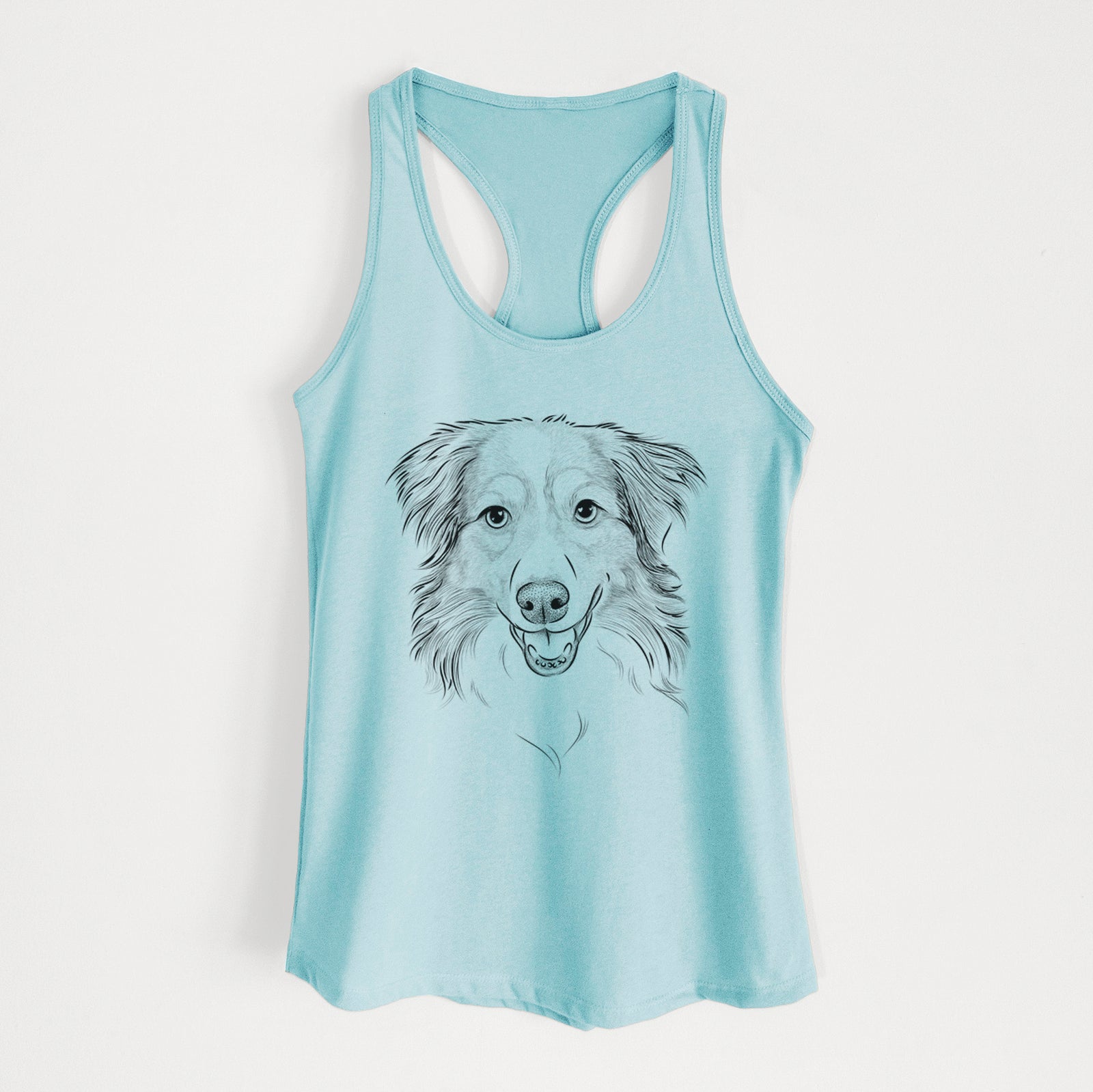 Hand-drawn sketch of Hattie the Australian Shepherd on a Cancun Blue Women's racerback tanktop