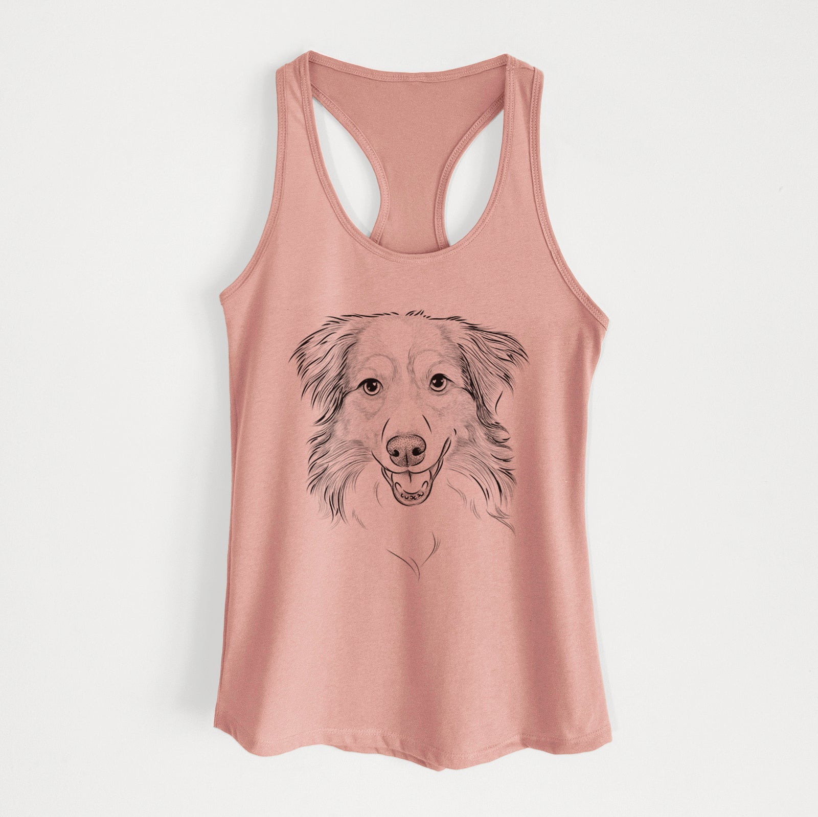 Hand-drawn sketch of Hattie the Australian Shepherd on a Desert Pink Women's racerback tanktop