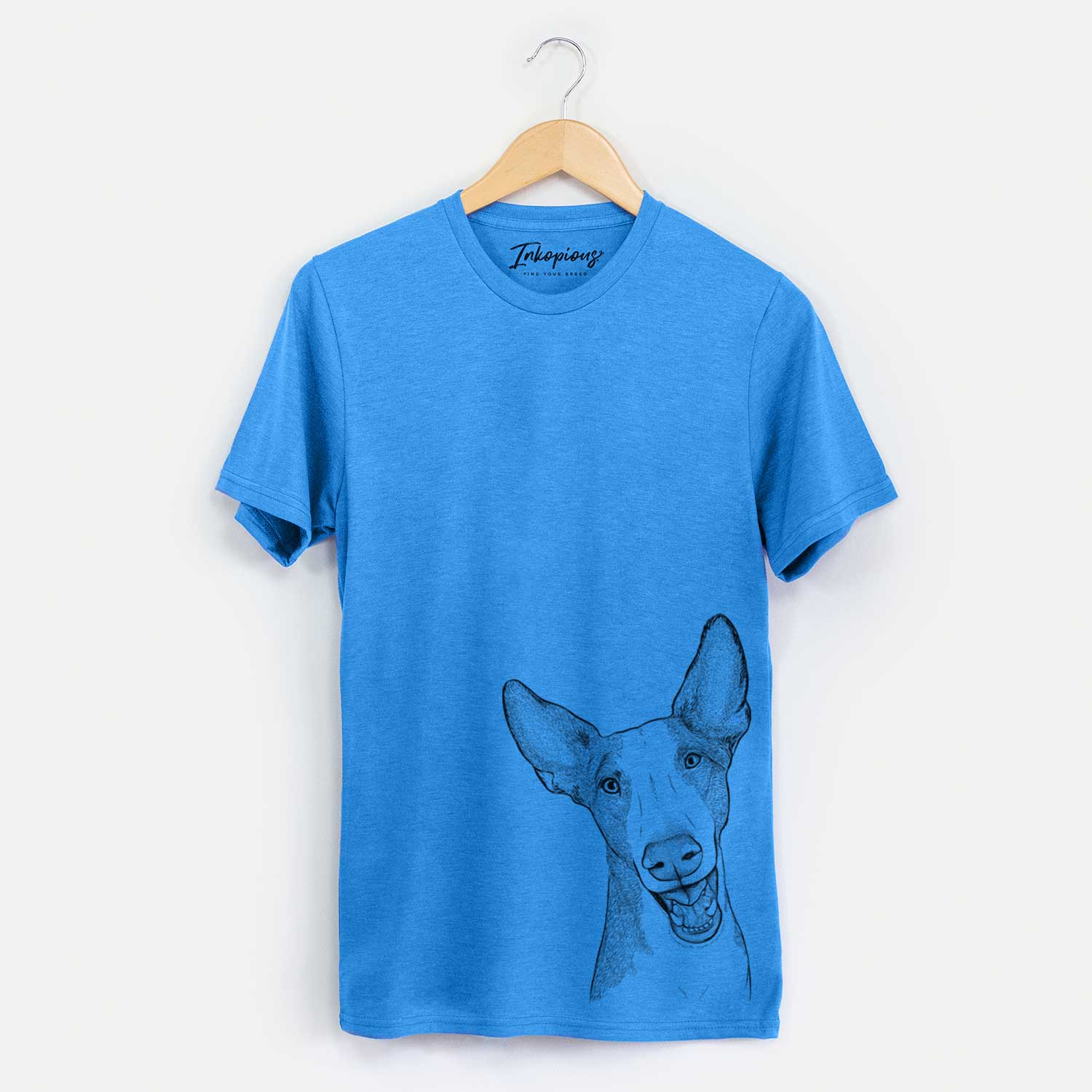 Hand-drawn sketch of Havok the Ibizan Hound on a Blue Unisex crewneck